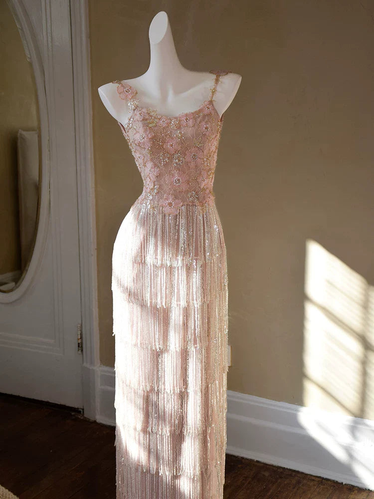 Glittery Sheath Spaghetti Straps Pink Tassel Pink Prom Dresses Inspiration Long Party Evening Dress 20th Birthday Outfits AB2344