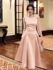 Simple A Line Scoop Neck Pink Satin Ankle Length Prom Dresses 17th Nigh Party Birthday Outfits AB2498