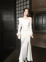 Elegant Mermaid Off The Shoulder White Silky Satin Ankle Length Prom Dresses 16th Nigh Party Birthday Outfits AB2430