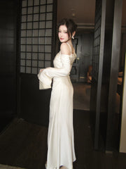 Elegant Mermaid Off The Shoulder White Silky Satin Ankle Length Prom Dresses 16th Nigh Party Birthday Outfits AB2430