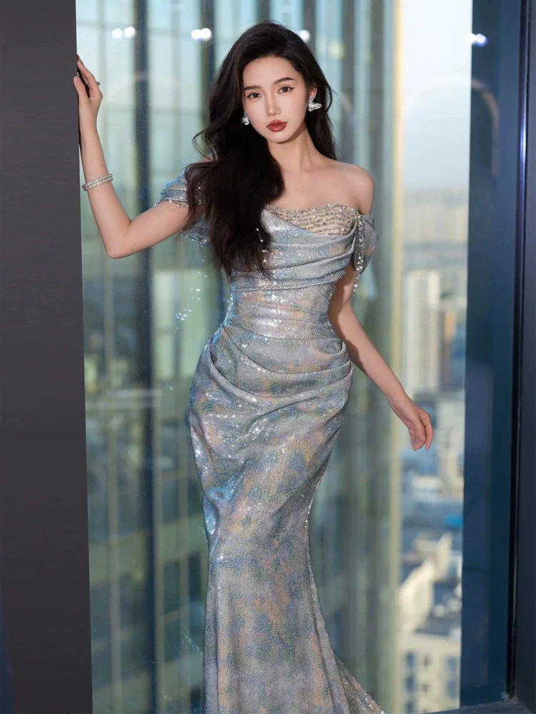 Unique Mermaid Off The Shoulder Blue Prom Dresses Inspiration Long Party Night Gowns 20th Birthday Outfits AB2246
