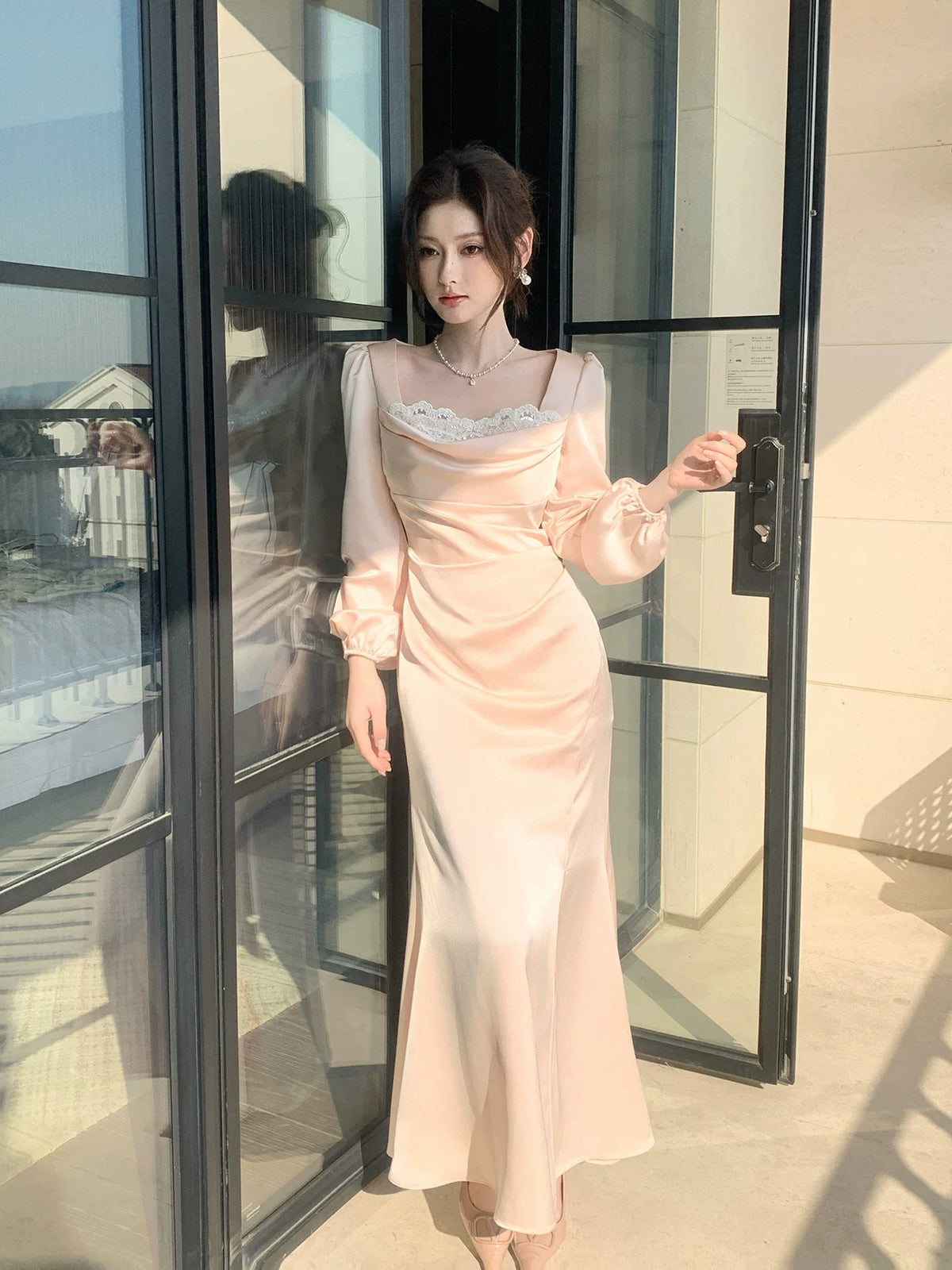 Elegant Mermaid Square Neck Pink Silky Satin Ankle Length Prom Dresses 16th Nigh Party Birthday Outfits AB2432