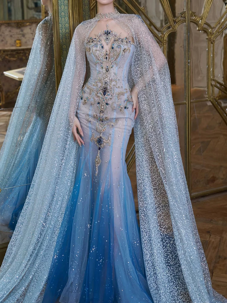 Modest Mermaid Scoop Neck Sequins With Beaded Cape Prom Dresses Inspiration Long Party Evening Dress 19th Birthday Outfits AB2298