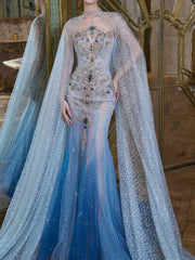 Modest Mermaid Scoop Neck Sequins With Beaded Cape Prom Dresses Inspiration Long Party Evening Dress 19th Birthday Outfits AB2298