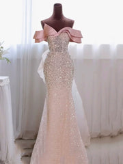 Sparkly Mermaid Evening Dress Off The Shoulder Pink Sequins Prom Dress Long Party Dress 19th Birthday Outfits AB2324