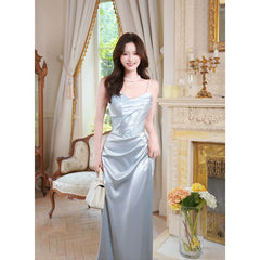 Modest Sheath Spaghetti Straps Satin Ruffles Prom Dresses High School Teens Graduation Dance Dress 20th Birthday Outfits AB2508
