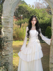Modest Mermaid Square Neck Ivory Satin Long Sleeves Prom Dresses Wedding Guest Dress 16th Birthday Outfits AB2448