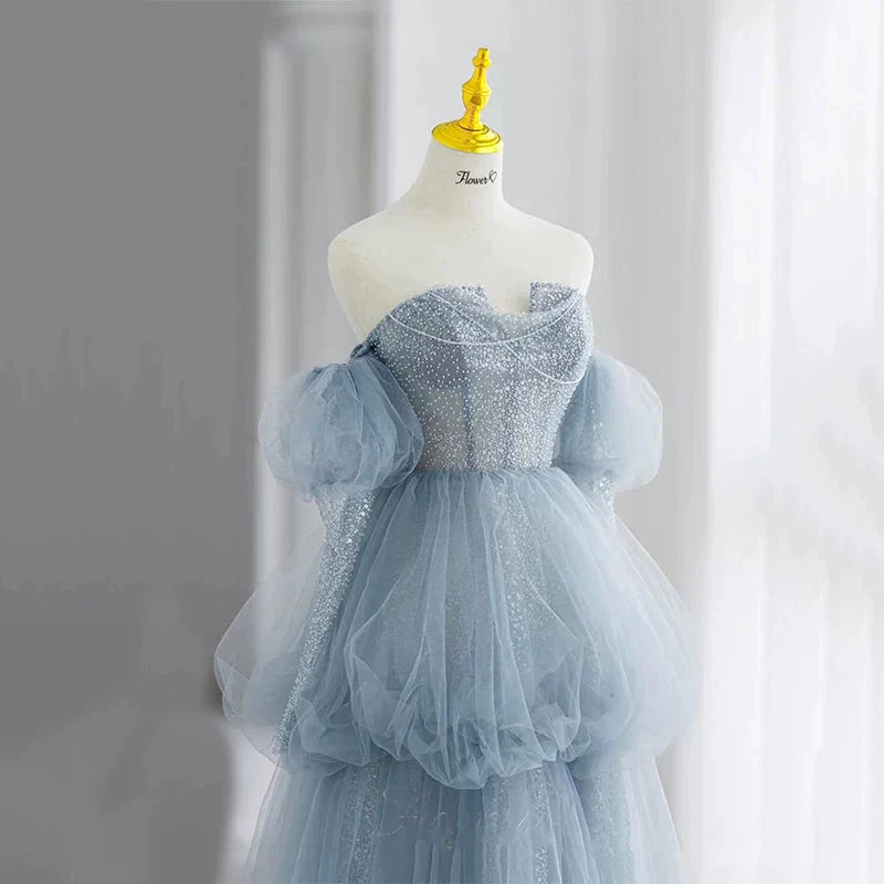 Modest Ball Gown Off The Shoulder Dusty Blue Tulle Prom Dresses Inspiration Long Party Night Evening Dress 20th Birthday Outfits AB2331