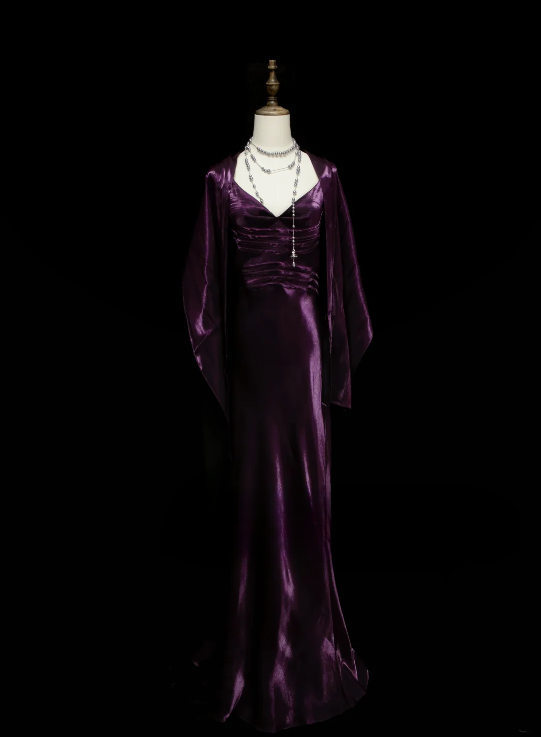 Chic Formal Mermaid Spaghetti Strap Purple Satin With Cape Style Impress Long Prom Dresses Party Gowns OB032