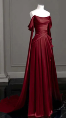 Elegant Wine Red Off The Shoulder Satin Prom Dresses Evening Occasion Dress N1865