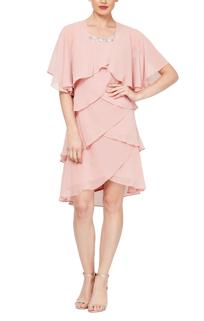 SL Fashions 112296 Tiered Chiffon Jacket Short Dress