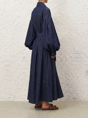 Luzie Waist Tie Denim Maxi Dress - navy