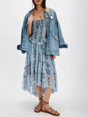 Simonah Floral Printed Tiered Midi Dress - blue