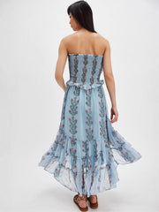 Simonah Floral Printed Tiered Midi Dress - blue