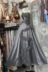 Vintage Ball Gown Spaghetti Straps 80s Grey Sleeveless Party Gowns Long Prom Dresses N1936