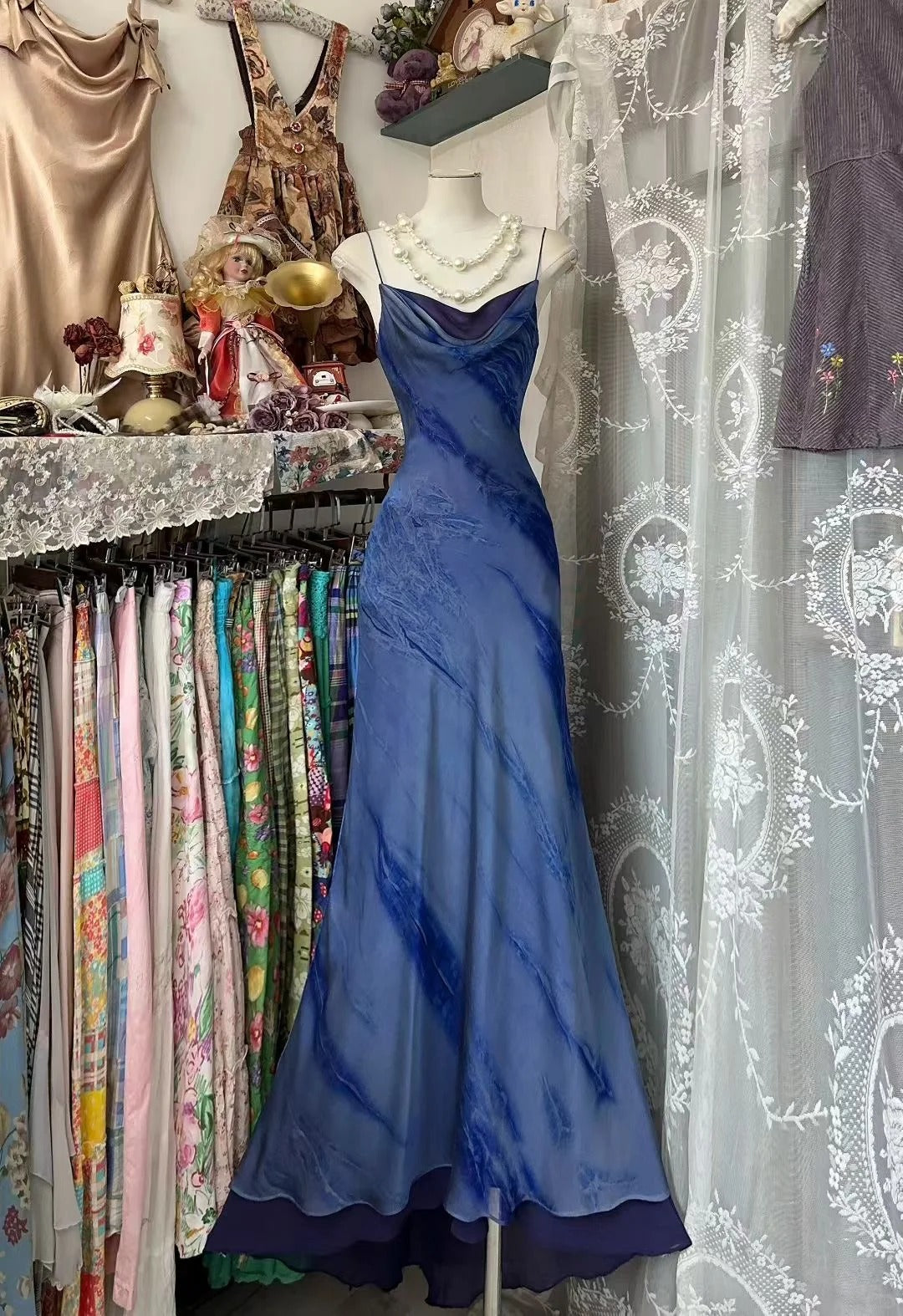 Vintage Mermaid Spaghetti Straps 80s Navy Blue Sleeveless Party Gowns Long Prom Dresses N1937