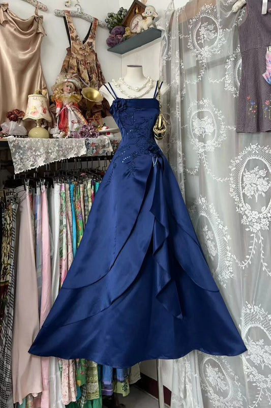 Vintage Ball Gown Spaghetti Straps Navy Blue Satin 80s Sleeveless Party Gowns Long Prom Dresses N1941