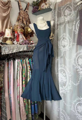 Vintage Mermaid Square Neck Chiffon Blue 80s Sleeveless Party Gowns Prom Dresses N1943