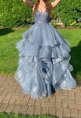 Chic Ball Gowns Prom Dress Women Spaghetti Straps Gray Tulle Long Formal Dance Evening Party Gowns AB1783