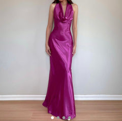 Vintage Mermaid 90s Fuchsia Halter Satin Formal Dress Long Prom Dresses N2801