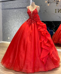 Chic Ball Gown Prom Dress Women Spaghetti Straps Red Tulle Long Formal Dance Evening Party Gowns AB1784