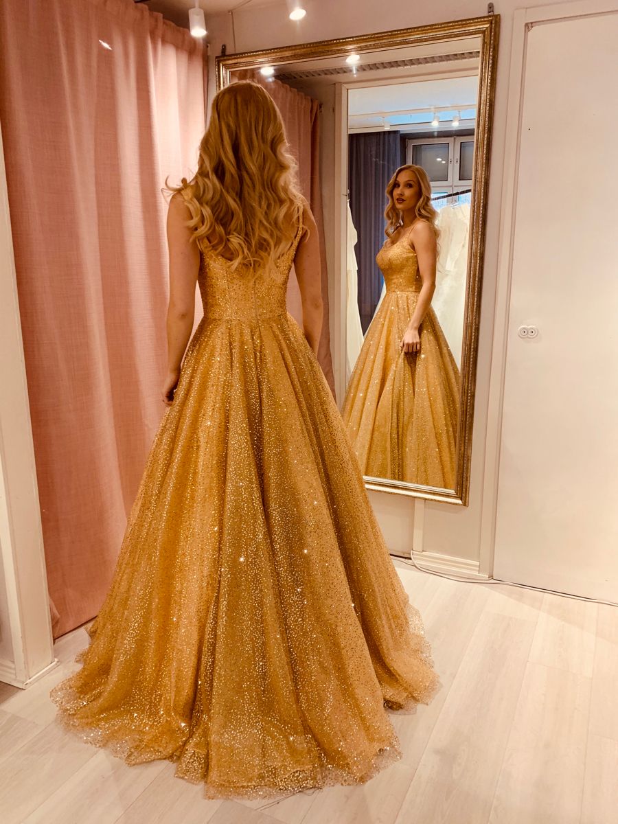 Sparkly A line Gold Sequin Long Sleeveless Formal For Women Girls Teens Prom Dresses N2291