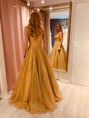 Sparkly A line Gold Sequin Long Sleeveless Formal For Women Girls Teens Prom Dresses N2291