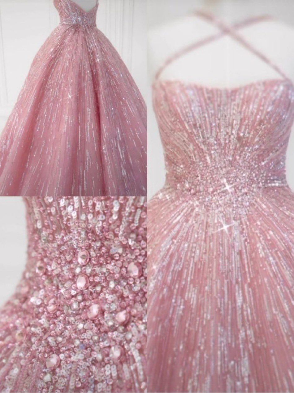 Sparkly Ball Gown Halter Pink Sequin Long Sleeveless Formal For Women Girls Teens Prom Dresses N2293