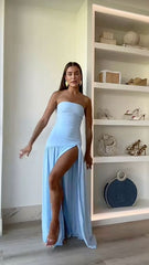 Light Blue Mermaid Long Prom Dress Strapless Slit Vintage Evening Dress AB1667
