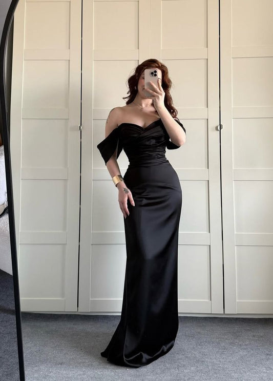 Mermaid Off The Shoulder Black With Pleated Long Formal Fancy Prom Evening Dresses Dinner Outfits Party Gowns For Teens Girls AB2175