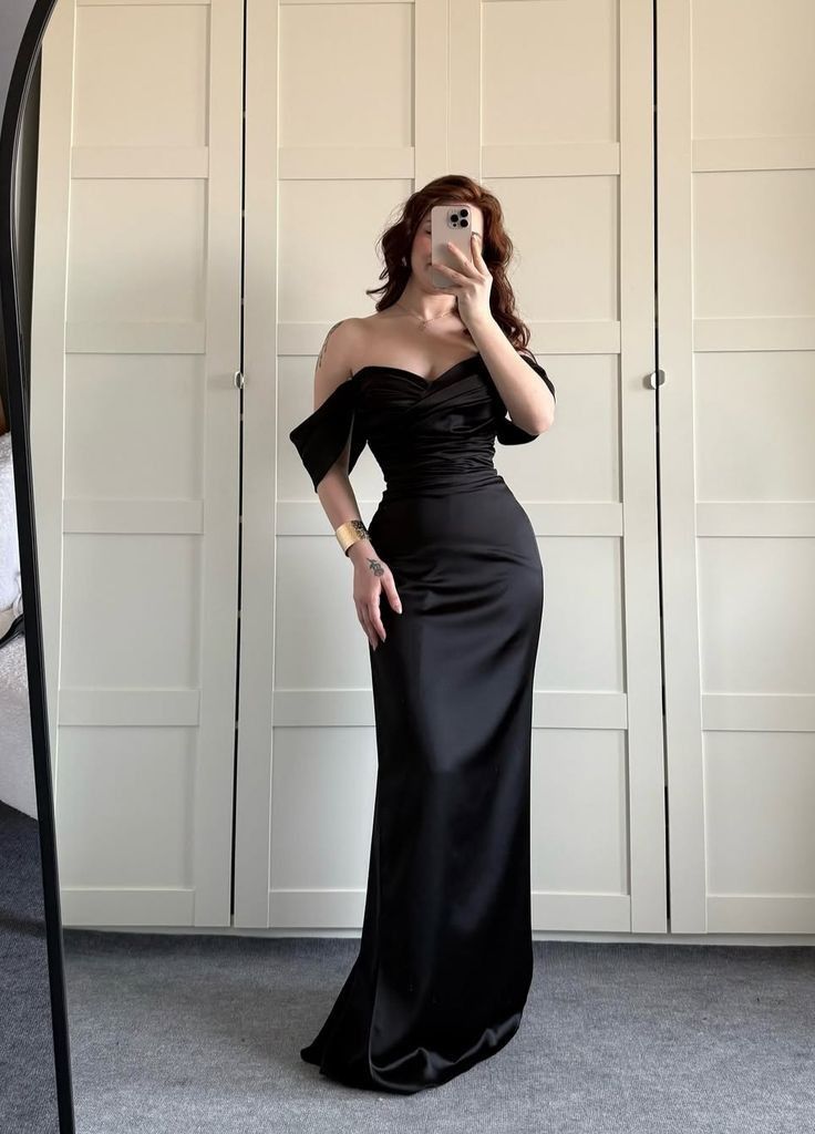 Mermaid Off The Shoulder Black With Pleated Long Formal Fancy Prom Evening Dresses Dinner Outfits Party Gowns For Teens Girls AB2175