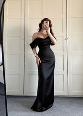 Mermaid Off The Shoulder Black With Pleated Long Formal Fancy Prom Evening Dresses Dinner Outfits Party Gowns For Teens Girls AB2175