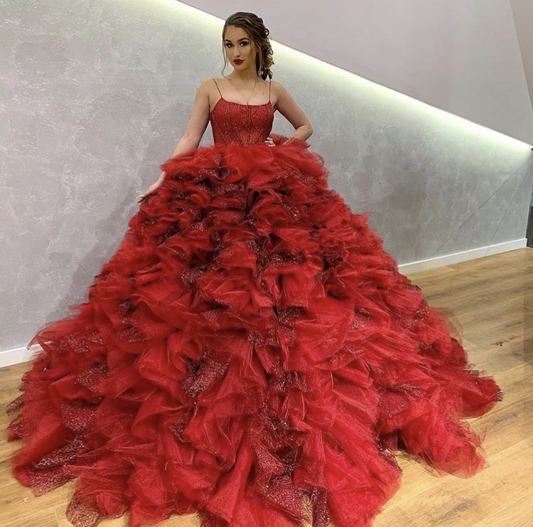 Chic Ball Gown Prom Dress Women Spaghetti Straps Wine Red Tulle Long Formal Dance Evening Party Gowns AB1785