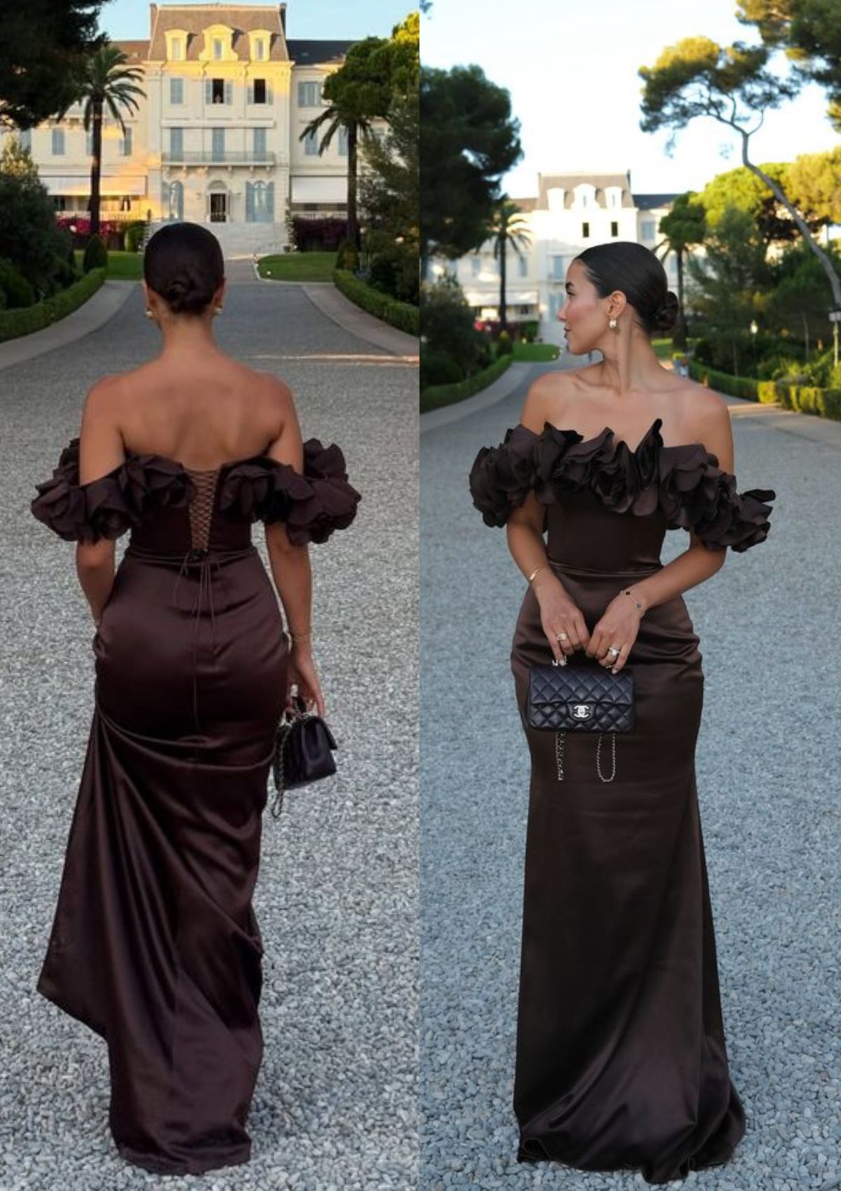 Chic Mermaid Off The Shoulder Black Satin Short Sleeves Formal Dress Long Prom Dresses N2817