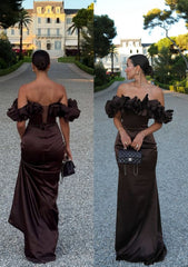 Chic Mermaid Off The Shoulder Black Satin Short Sleeves Formal Dress Long Prom Dresses N2817