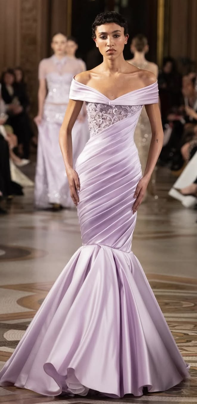Elegant Mermaid Off The Shoulder Lilac With Short Sleeves Satin Formal Dress 18th Birthday Prom Dresses N2814