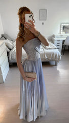 Classy A Line Strapless Blue Satin Ruffles Long Sleeveless Formal For Women Girls Teens Prom Dresses N2299