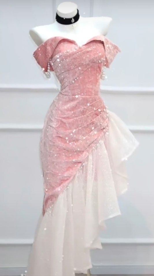 Elegant Mermaid Off The Shoulder Pink With Short Sleeves Formal Dress  Sequin Birthday Prom Dresses N2816