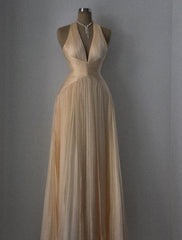 Halter Prom Dresses Champagne Evening Dresses Party Dress Formal Gowns AB1929