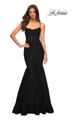 La Femme Sheer-Bodice Long Lace Mermaid Prom Dress