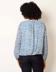 Grandad Tie Neck Puff Hem Watercolour Blouse