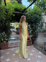 Classy A Line High Neck Slim Yellow Long Formal Fancy Prom Evening Dresses Dinner Outfits Classy Party Gown AB2051