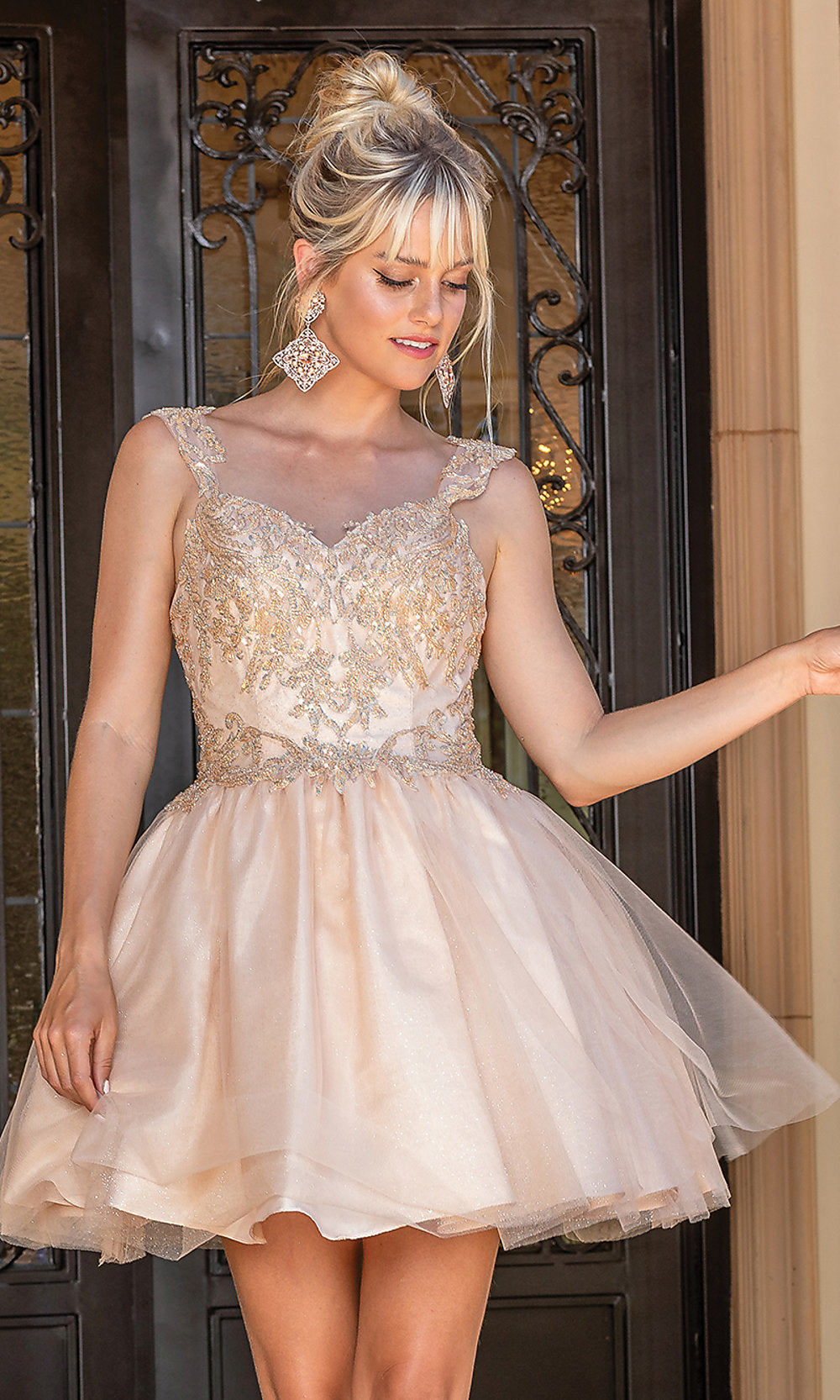 Short Embroidered Glitter Babydoll Party Dress