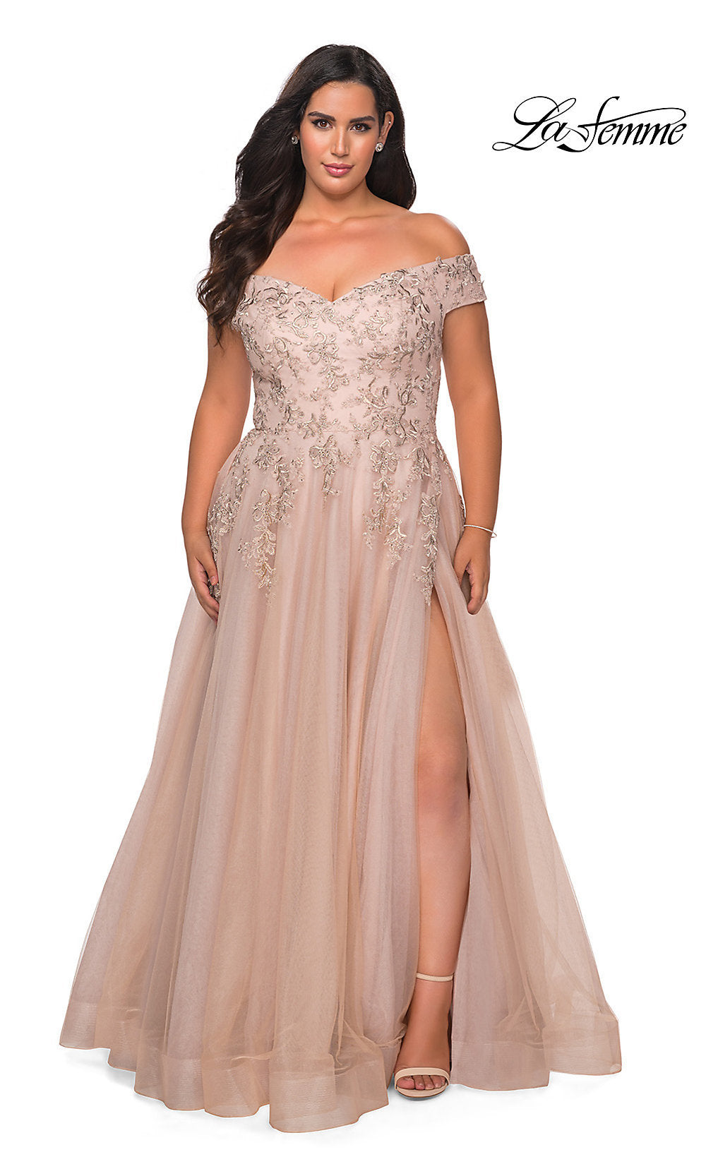 La Femme Embroidered Plus-Size Formal Ball Gown