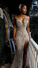 Chic Mermaid Strapless Champagne Sequins Beads Tops Prom Dress Inspo Women Long Formal Dance Evening Party Gown AB1809