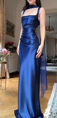 Square Neck Sheath Long Prom Dresses, Satin Navy Blue Formal Dresses AB1863