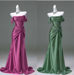 Elegant Pleated Satin Formal Mermaid Evening Dress,Fahsion Graudation Prom Dresses With Off-The-Shoulder N1870