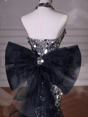 Black Glitter Sequins Tulle Mermaid Prom Dress Strapless Evening Dress With Bow For Teenagers High Schools AB1932