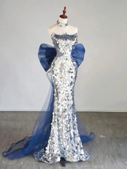 Glitter Silver Sequins Mermaid Evening Dress Long Prom Dress With Bow For Teenagers High Schools AB1931