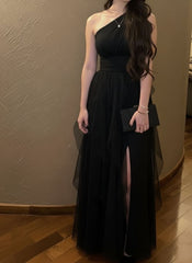 Chic A Line One Shoulder Black With Pleated Chiffon Slit Long Party Women Prom Dresses AB1901